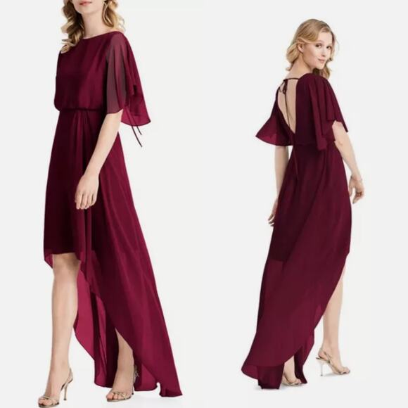 Jenny Packham Flutter Sleeve Luxe Chiffon Hi-Low Dress Cabernet Red NWT Size 2 - Picture 1 of 8